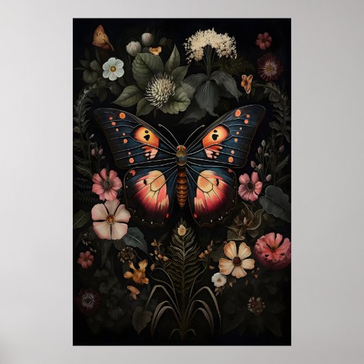 Bloem Donkere Vlinder, Droevige Mot Muurprint Poster (Voorkant)