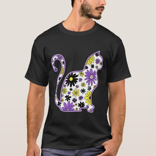 Bloem doodle kat LGBTQ+ Nonbinary Pride Vlag T-shirt (Voorkant)