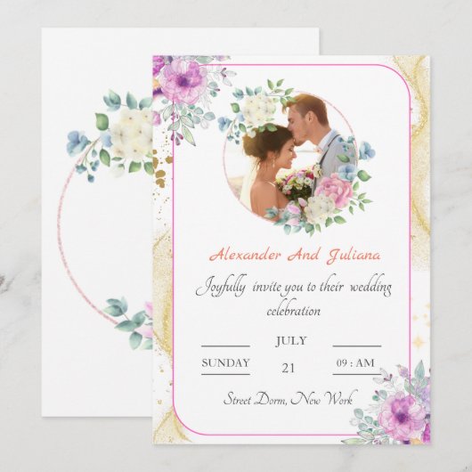 Bloem Elegante kalligraaf foto bruiloft uitnodigin Kaart (Voorkant / Achterkant)