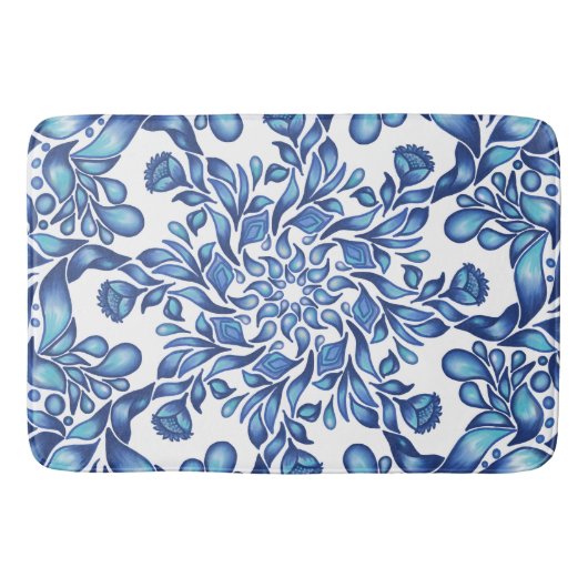 Bloem- en bladmandala in blauwvintonijn badmat (Voorkant)