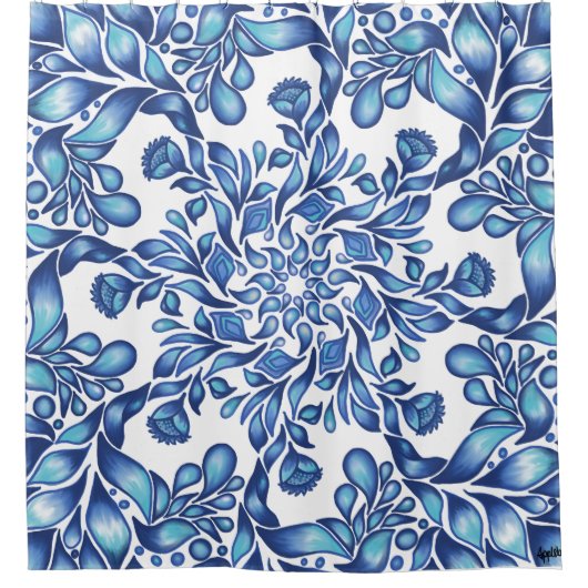 Bloem- en bladmandala in blauwvintonijn douchegordijn (Voorkant)
