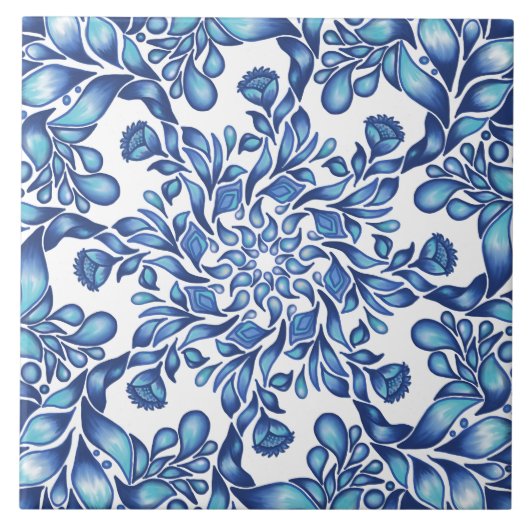 Bloem- en bladmandala in blauwvintonijn tegeltje (Voorkant)