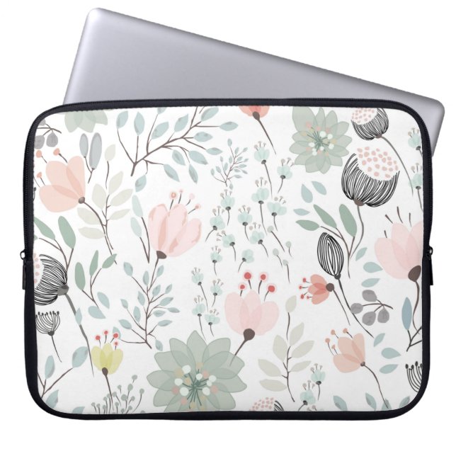 Bloem- en bladpatroon in tropisch groen en roze laptop sleeve (Voorkant)