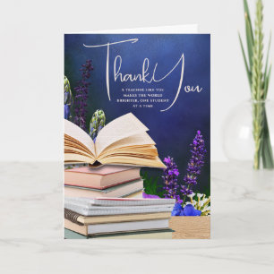 Bloem- en boek-thema bedankkaart voor leraren kaart