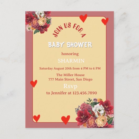 Bloem- en Hart Baby Shower Uitnodiging (Voorkant)