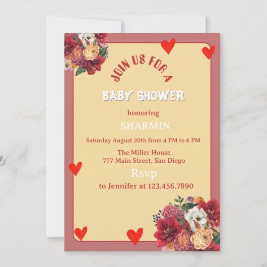 Bloem- en Hart Babyshower Uitnodiging (Voorkant)