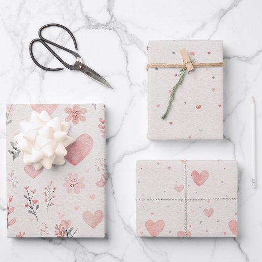 Bloem- en hartwikkelpapierenset van 3 inpakpapier vel (Voorkant)