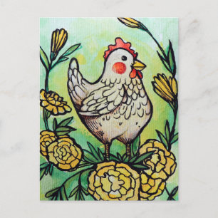 Bloem en kip illustratie kippen briefkaart