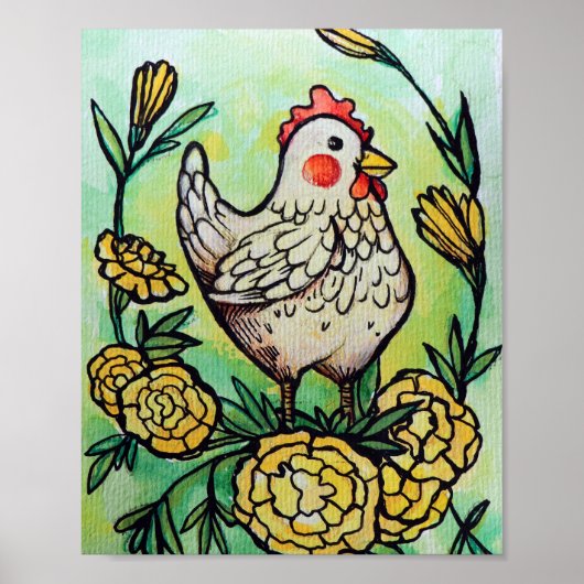 Bloem en kip illustratie kippen poster (Voorkant)