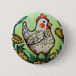 Bloem en kip illustratie kippen ronde button 5,7 cm