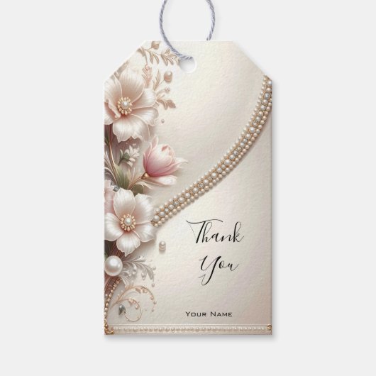 Bloem- en parelversiering cadeaukaart cadeaulabel (Voorkant)