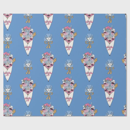 Bloem- en parfumboeketbundel op blauw cadeaupapier (Vlak)
