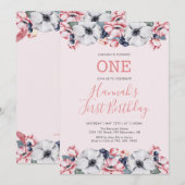 Bloem en roze | Eerste bevliegingsfeest voor meisj Kaart (Voorkant / Achterkant)