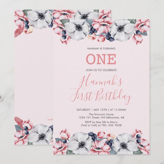 Bloem en roze | Eerste bevliegingsfeest voor meisj Kaart (Voorkant / Achterkant)