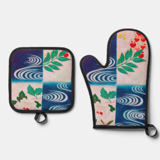 Bloem en Stromend Water, Japans Design Ovenwant & Pannenlap Set