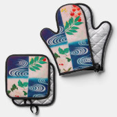 Bloem en Stromend Water, Japans Design Ovenwant & Pannenlap Set (Voorkant / Achterkant)