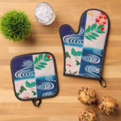 Bloem en Stromend Water, Japans Design Ovenwant & Pannenlap Set (Top down)