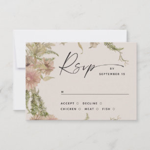Bloem- en varen-huwelijksinzet. Warm ivoorkleurig RSVP Kaartje