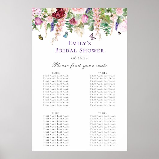 Bloem- en vlinder bruiloft zitplaats grafiek poster (Voorkant)