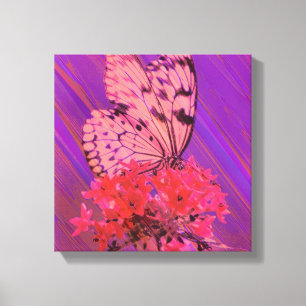 Bloem en vlinder in roze en Paarse Canvas Afdruk