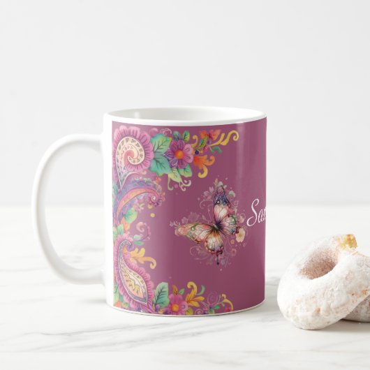 Bloem- en vlinderpaisley koffiemok (Met donut)