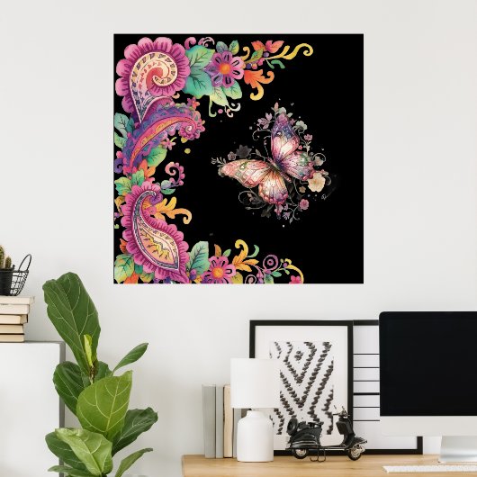 Bloem- en vlinderpaisley poster (Thuiskantoor)