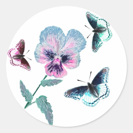 Bloem en vlinders. ronde sticker (Voorkant)