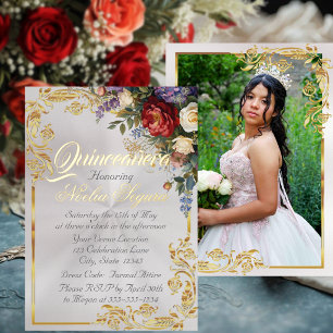 Bloem, Foto & Gouden Lijst - Pearl2 Quinceanera Folie Uitnodiging