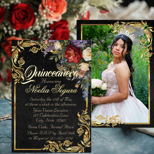 Bloem, Foto & Gouden Lijst - Zwarte Quinceanera Folie Uitnodiging