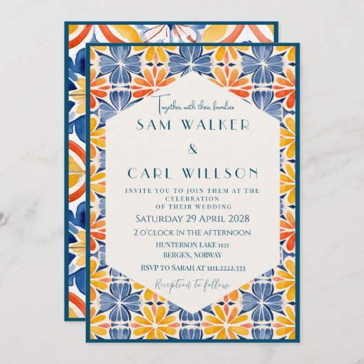 Bloem Geel Blauw Sinaasappel Tegel + Rand Kaart (Voorkant / Achterkant)