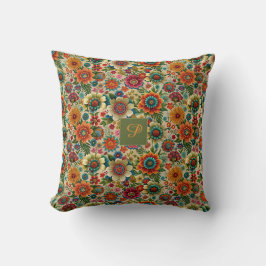 Bloem geel oranje cottagecore Patroon monogram Kussen
