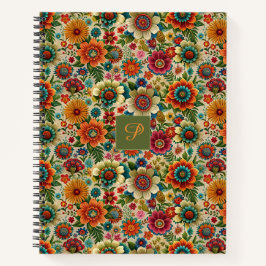 Bloem geel oranje cottagecore Patroon monogram Notitieboek
