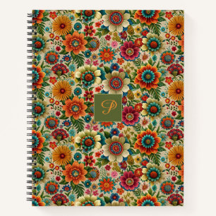 Bloem geel oranje cottagecore Patroon monogram Notitieboek