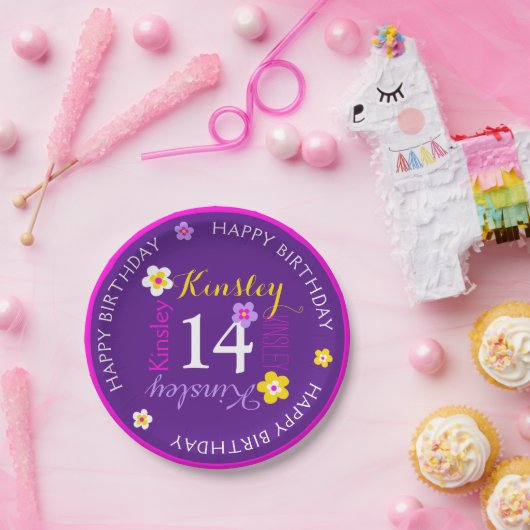 Bloem gepersonaliseerde naam leeftijd 14e verjaard papieren bordje (Feest)