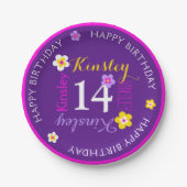 Bloem gepersonaliseerde naam leeftijd 14e verjaard papieren bordje (Voorkant)