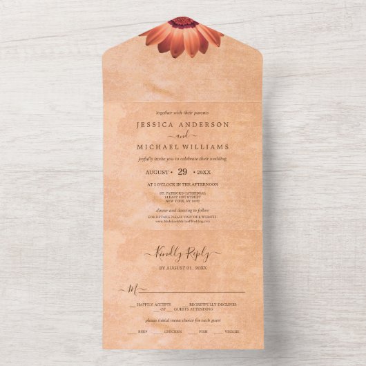 Bloem Gerbera op Abstracte perzik bruiloft All In One Uitnodiging (Binnen)