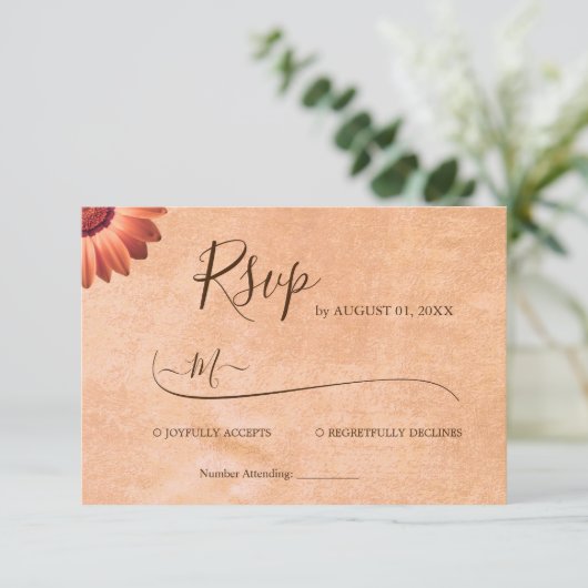 Bloem Gerbera op Abstracte perzik bruiloft RSVP Kaartje (Staand voorkant)