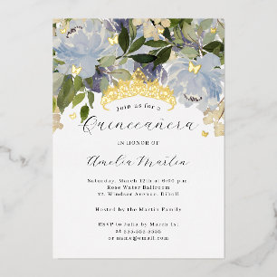 Bloem Glans Vlinders Stof Blauw Quinceanera   Folie Uitnodiging