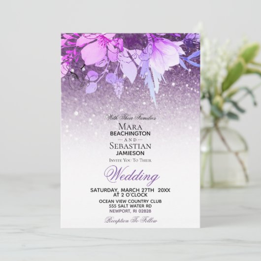 *~* Bloem Glitter Modern Paars AR10 Trouwen Kaart (Staand voorkant)