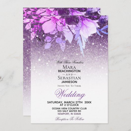 *~* Bloem Glitter Modern Paars AR10 Trouwen Kaart (Voorkant / Achterkant)