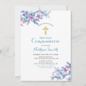 Bloem & Gouden Kruis | Jongen Eerste Heilige Commu Kaart (Voorkant)