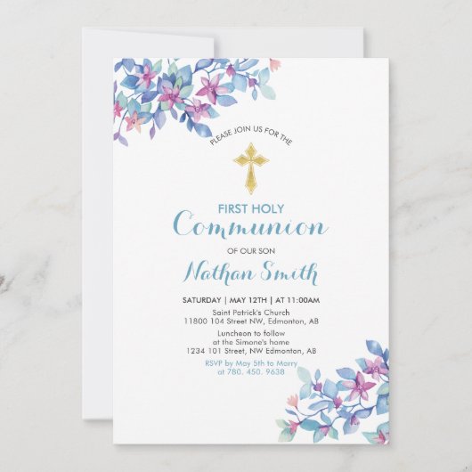 Bloem & Gouden Kruis | Jongen Eerste Heilige Commu Kaart (Voorkant)