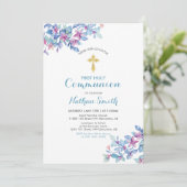 Bloem & Gouden Kruis | Jongen Eerste Heilige Commu Kaart (Staand voorkant)