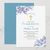 Bloem & Gouden Kruis | Jongen Eerste Heilige Commu Kaart (Voorkant / Achterkant)