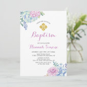 Bloem & Gouden Kruis | Meisjesdoop / doop Kaart (Staand voorkant)