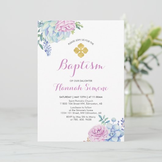 Bloem & Gouden Kruis | Meisjesdoop / doop Kaart (Staand voorkant)