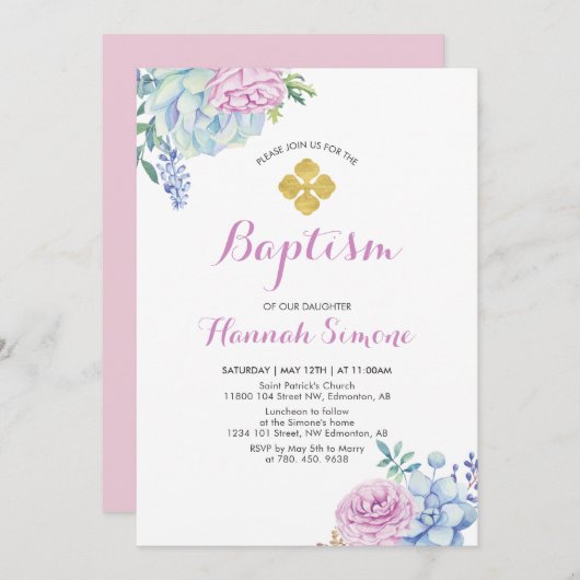 Bloem & Gouden Kruis | Meisjesdoop / doop Kaart (Voorkant / Achterkant)