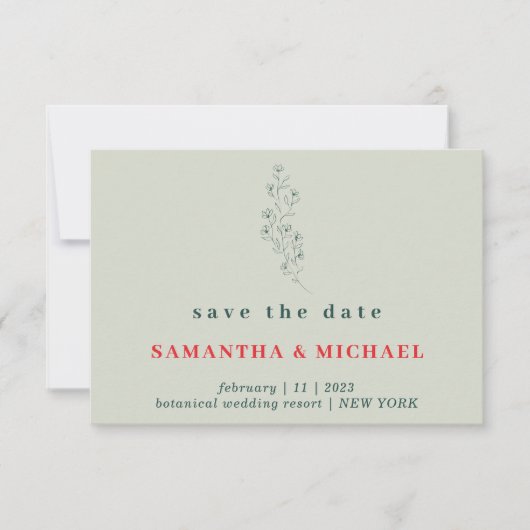 Bloem Groen Rood Boho Rustiek Bewaar datum Trouwen Kaart (Voorkant)