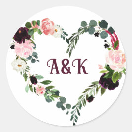Bloem haard krans MONOGRAM boho burgundy Ronde Sticker