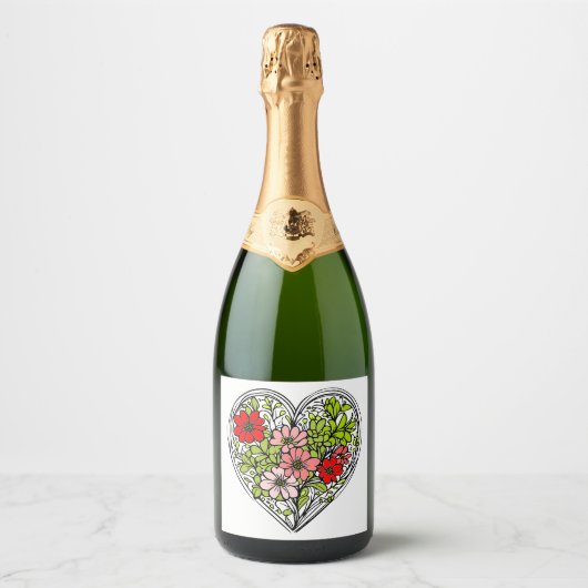 bloem hart champagnefles label sparkling wijnetiket (Voorkant)